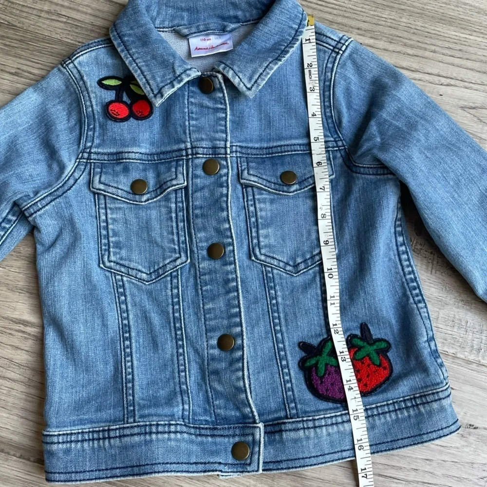 Hanna Anderson Kids Jean Jacket With Colorful Fruit Patches On Front/Back SZ 5